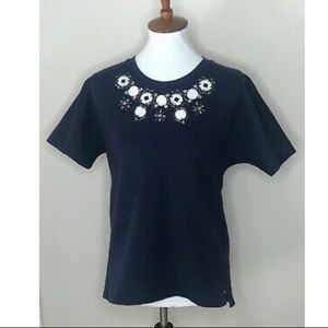 J. Crew Navy Blue Top White Beaded Neckline XS